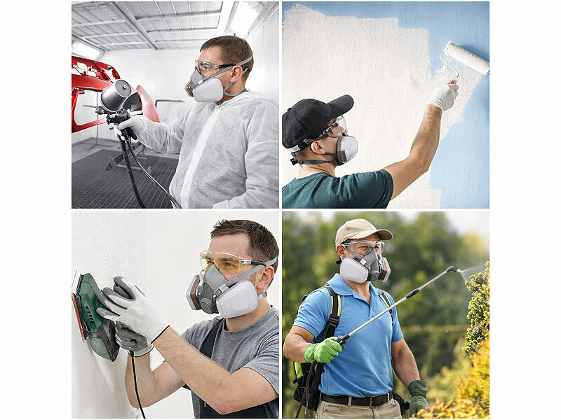; Wiederverwendbare Atemschutzmasken mit Schutzbrillen und austauschbaren Filtern Wiederverwendbare Atemschutzmasken mit Schutzbrillen und austauschbaren Filtern