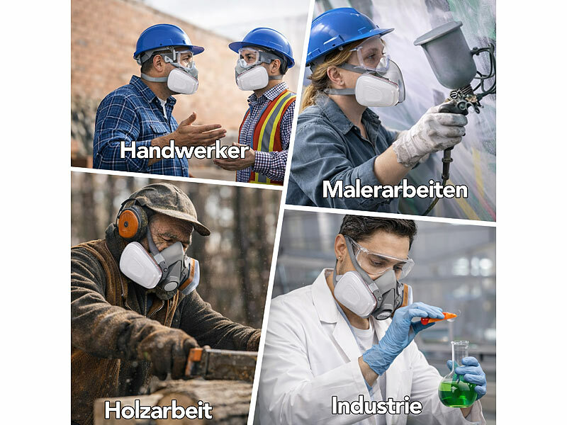 ; Wiederverwendbare Atemschutzmasken mit Schutzbrillen und austauschbaren Filtern Wiederverwendbare Atemschutzmasken mit Schutzbrillen und austauschbaren Filtern